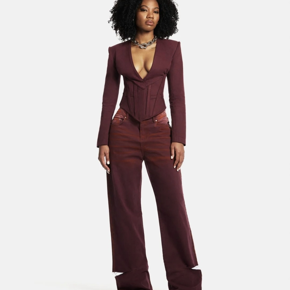 NEW Hanifa Burgundy Cut Out Wide Leg Jeans